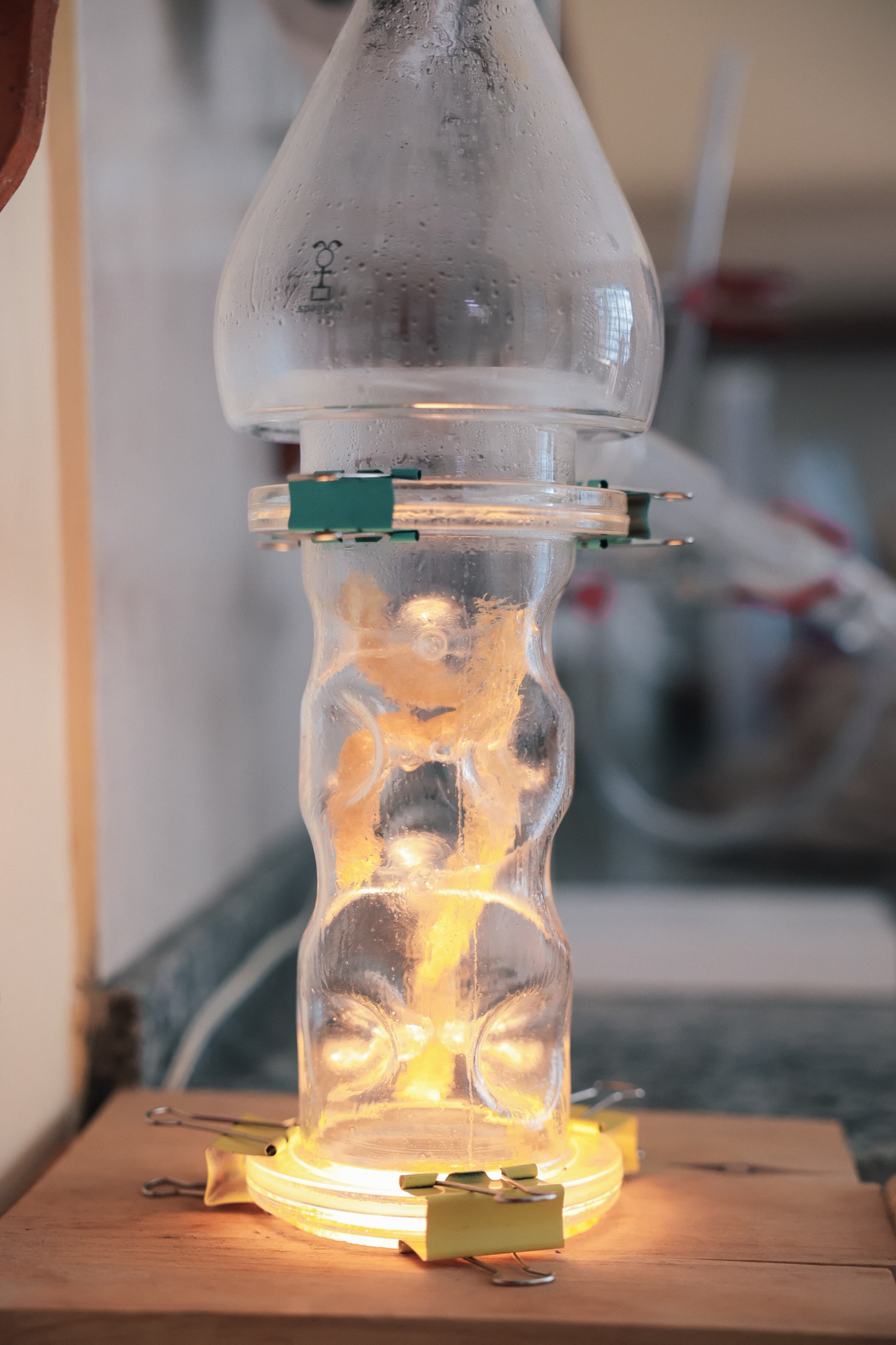 Scientific field apparatus glowing in warm light