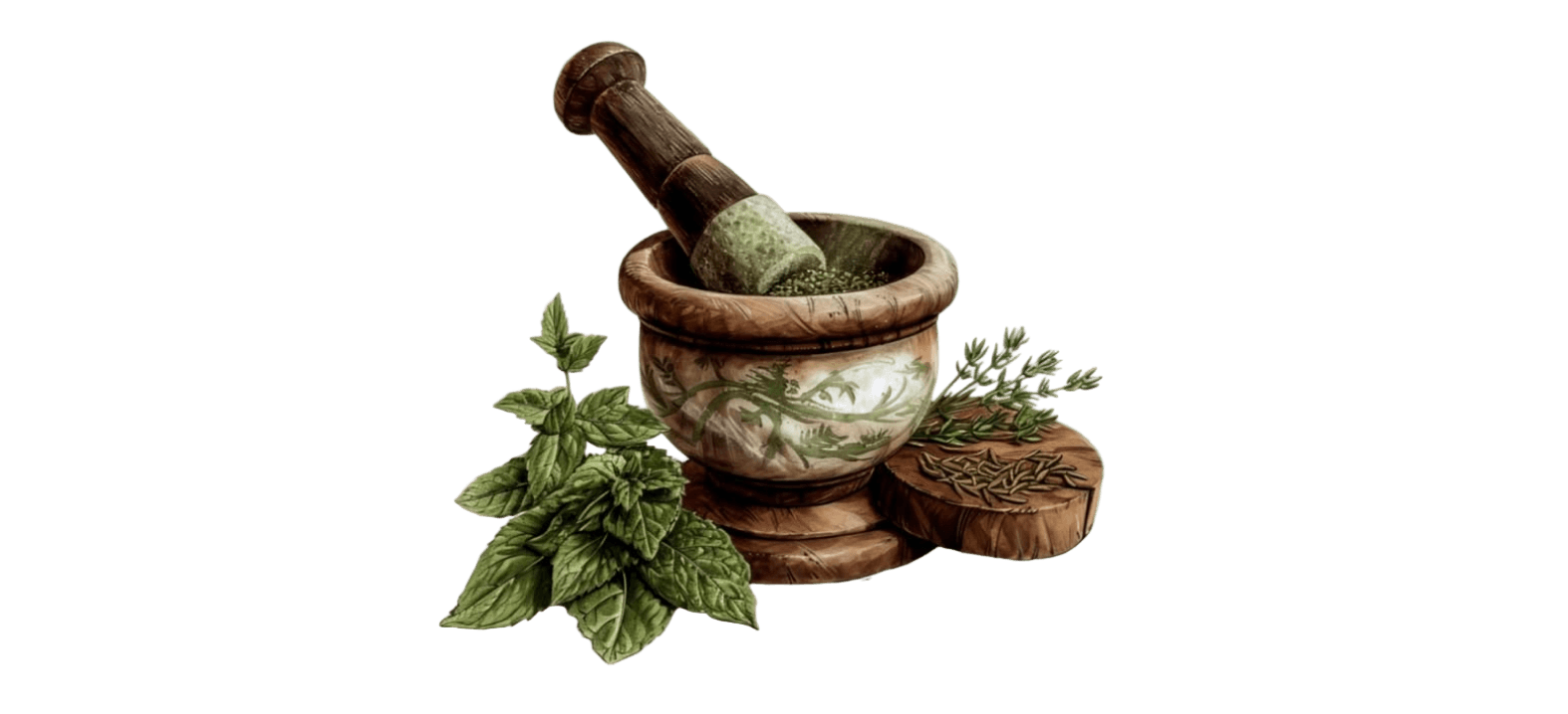 Botanical illustration of a mortar, pestle, and fresh herbs